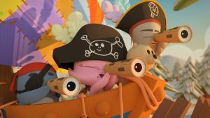 A scene from Artoonic featuring Flake the seal, Beak the bird, and Finny the penguin interacting in a colorful setting.