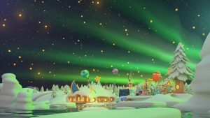 A vibrant scene from Artoonic featuring various characters celebrating a birthday party under the Northern lights.