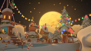 A scene from Artoonic featuring various characters celebrating Christmas under vibrant Northern lights.