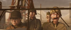 A scene from "Desert Racers" featuring soldiers in a jeep and clowns in an Oldsmobile amidst a desert landscape.