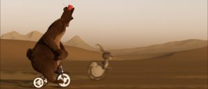 A frame from "Desert Racers" showcasing animated characters competing in a colorful desert setting filled with sand and rocks.