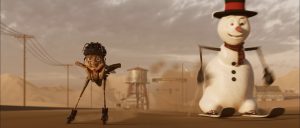 A scene from "Desert Racers" featuring a cricket on rollerblades and a snowman skiing in a vibrant desert landscape.