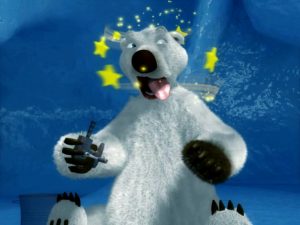 A frame from the "South of the North Pole" trailer, featuring colorful animation and engaging character interactions.