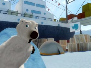A cheerful polar bear surrounded by seals and seagulls in a scene from the animated series "South of the North Pole" trailer.