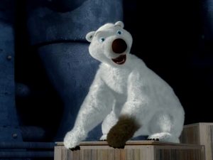 A friendly polar bear with seals and seagulls in a vibrant scene from the trailer of the animated series "South of the North Pole."