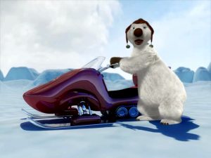A friendly polar bear with seals and seagulls in a vibrant scene from the trailer of the animated series "South of the North Pole."