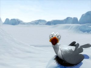 An animated polar bear with seals and seagulls in a lively frame from the trailer of "South of the North Pole" series.