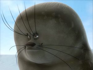 A scene from "South of the North Pole" trailer featuring cheerful seals in a snowy environment.