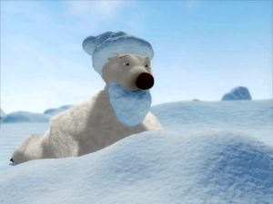 An animated scene from "South of the North Pole," highlighting playful characters in a snowy, imaginative setting.