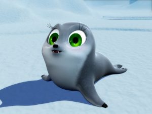 A scene from the animated series "South of the North Pole," featuring playful seals in a snowy landscape.