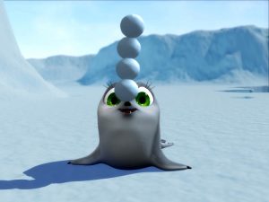 Animated seals frolic in a snowy setting from the trailer of "South of the North Pole," a 26x5' TV series.