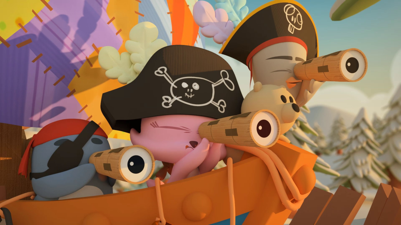 First episode of "Artoonic" displaying three distinct 3D characters in a lively animated environment.