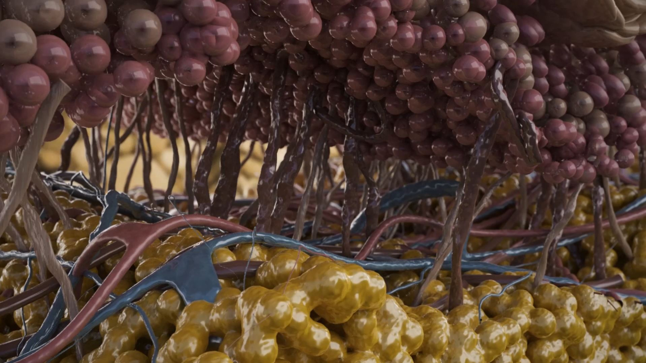 A frame capturing a medical procedure that reveals the layered structure of the dermis for clinical evaluation.