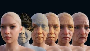 A frame from a 3D animation depicting the aging process of a woman, showcasing gradual changes in her appearance over time.