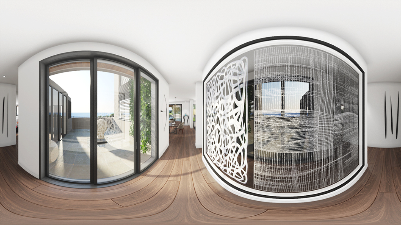 A frame from  360-degree video capturing a scenic landscape, allowing viewers to explore the surroundings from all angles.