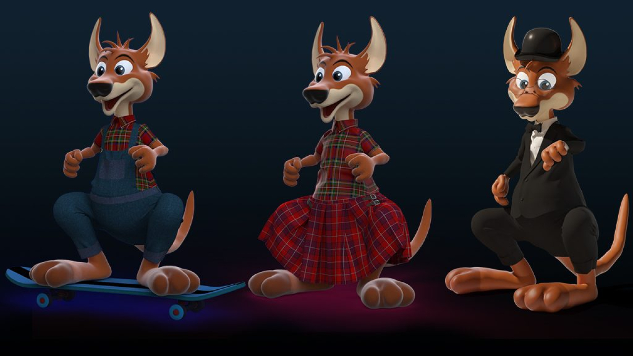 3D depiction of a kangaroo in a tuxedo, resembling a secret agent, showcasing a confident stance and playful expression.