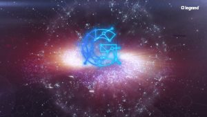 3D illustration of a stylized logo featuring a galaxy theme with stars and swirling colors.